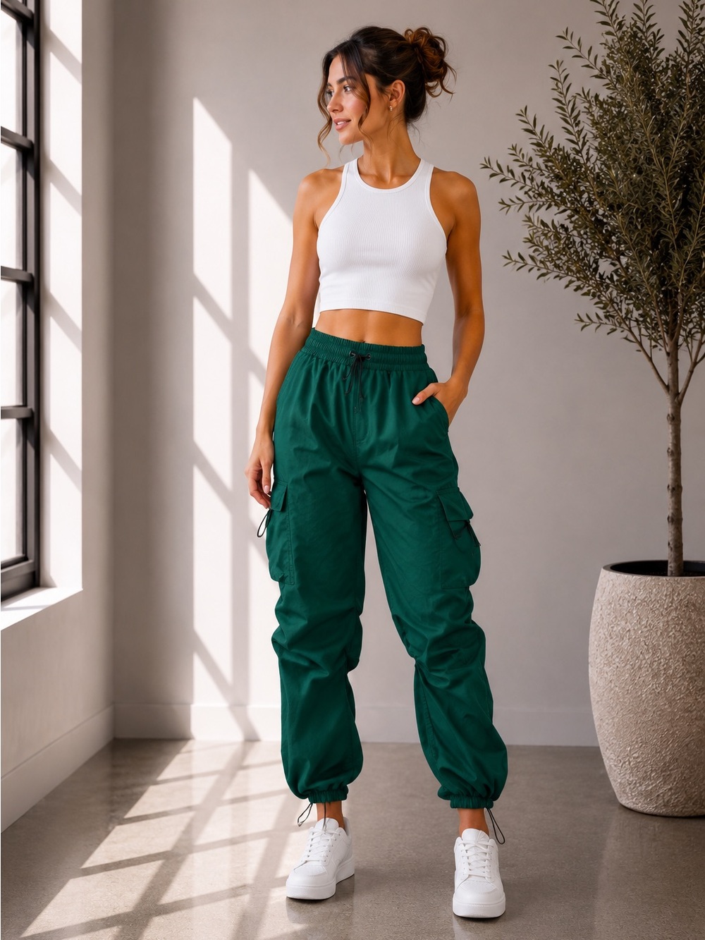 Women’s Cargo Joggers in Deep Green